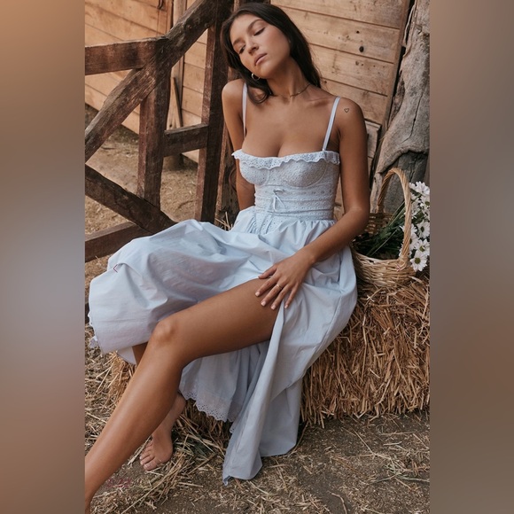 House of CB Jaime soft blue cotton broderie Anglais midi sundress - Picture 3 of 16